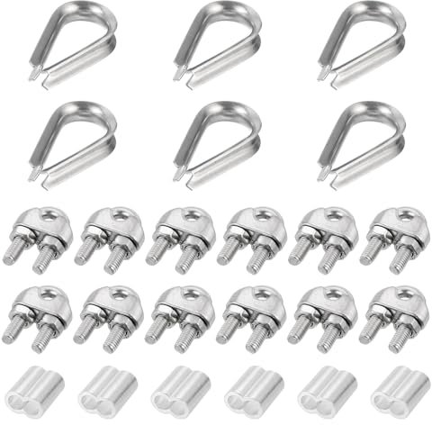 sourcing map M6 Wire Rope Accessory Set for 1/4 Dia Wire Rope, 12Pcs Wire Rope Cable Clip Clamp, 6Pcs Thimble Rigging, 6Pcs Aluminum Crimping Loop Sleeve