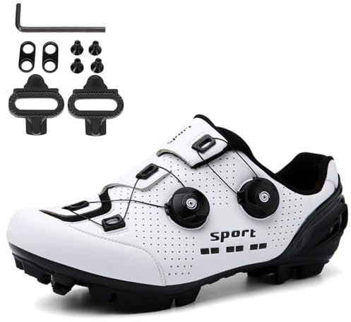 NGARY Herren MTB Schuhe Damen, Fahrradschuhe Mountainbike Schuhe kompatibel mit SPD 2 Schrauben mit Cleats, Rennrad Schuhe Entsperren Schuhe Unisex,Weiß,42 EU