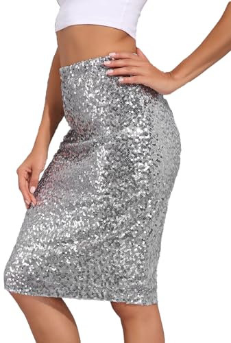 MUNAFIE Damen Glitzer Rock Pailletten Rock Sexy Party Rave Skirt Outfit Wickelrock Röcke für Damen Silber-M