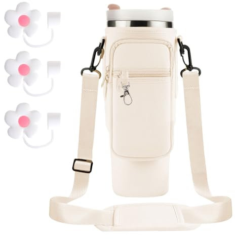 GOZINA Stanley Cup Bag Water Bottle Carrier Bag with Adjustable Shoulder Strap, Water Bottle Sling Fit Stanley Tumbler 40 oz, Comes with 3 Extra Straw Topper (Cream)