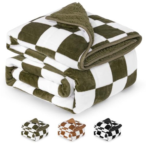 Reepow Fleece-Sherpa-Gewichtsdecke für Erwachsene, 6,8 kg, 121,9 x 182,9 cm, Doppelgröße, weicher Plüsch, warm, gewichtete Decke, schwere Bettdecke mit Keramikperlen, maschinenwaschbar, grün-weißes
