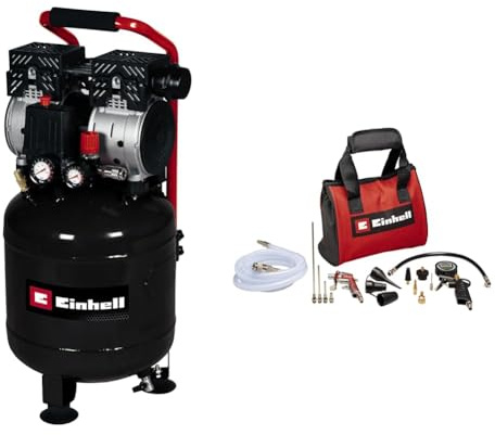 Einhell Kompressor TE-AC 24 Silent (750 W, max. 8 bar, 24 l-Tank, 135 l/min Ansaugleistung, Manometer, Schnellkupplung, ölfrei, inkl. 15-tlg. Druckluftset mit Tasche)