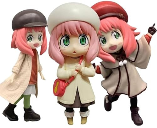 Jiumaocleu 3 Stück Anya Forger Figur Statue 16 cm SPY Anime Figur Cake Topper Dekoration Stehende Pose Anya Forger Skulptur Modell mit runder Basis, PVC Handgefertigte Sammlerstück Desktop Figur