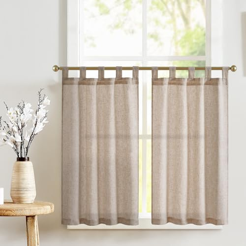 TOPICK Scheibengardinen mit Schlaufen Bistrogardine 2er Set H115xB65 Braun | Blickdicht Küchenvorhänge Leinenoptik Lichtdurchlässig Schrank Kurzgardine Küchfenster landhausstil küchengardine Wohnzimmer