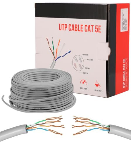 Cavo Ethernet Cat 5E da 100m Bulk Cabel, Cavo di Rete LAN Cat 5E ad Alta Velocità Per Connessione Internet Veloce 1 Gbps – 100 MHz AWG24 Cavo in Comoda Scatola | Cavo UTP CCA (100 Metri, Grigio)