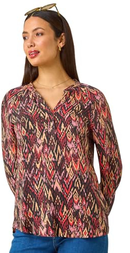 Roman Originals Shirt for Women UK Ladies Top Collarless Blouse Stretchy Tunic Smart Casual Autumn Winter Jersey 3/4 Length Sleeve Notch V Neck Flattering Office Work - Orange Multi - Size 14