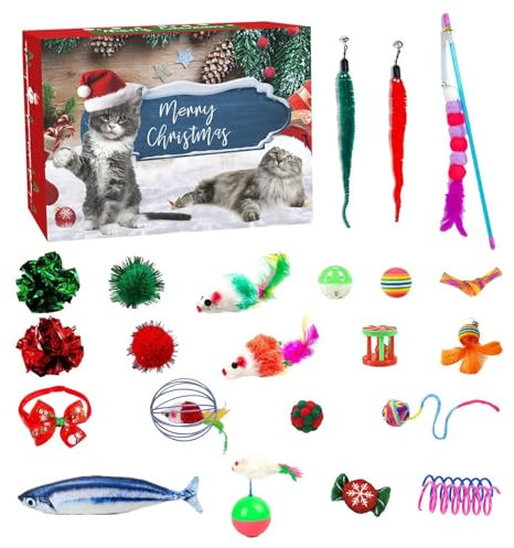 Katzen-Adventskalender 2024, Weihnachts-Countdown 24 Stück Weihnachten Katzenspielzeug, interaktives Katzen-Adventskalender-Spielzeug mit sortierten Katzenspielzeugen für Katzenliebhaber, XmasGifts