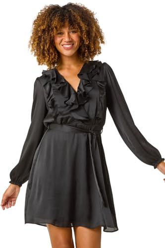 Roman Originals Satin V-Neck Ruffle Dress for Women UK - Ladies Everyday Autumn Winter V-Neckline Comfy Soft Evening Vacation Work Party Night Out - Black - Size 16