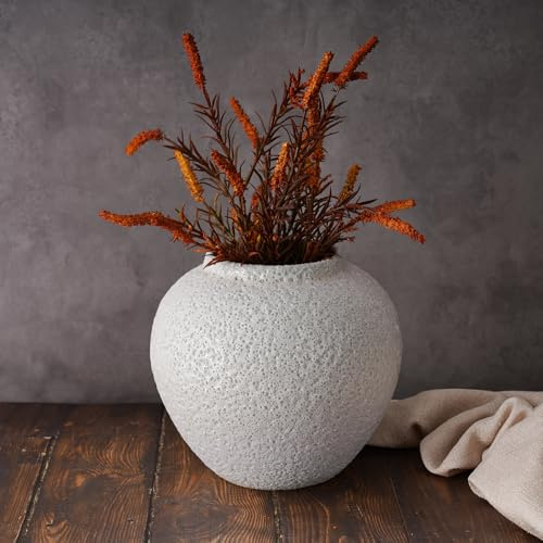 NiHome Keramik Blumenvase 19,8 cm mit Blasenstruktur, Handgefertigte Rustikale Vase mit Untersetzer, Boho Terrakotta Deko für Wohnzimmer, Tisch, Kamin oder Eingangsbereich, Vintage Landhaus Stil