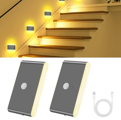 HOTUT Motion Sensor Lights Indoor, 2 Pack Wireless LED Rechargeable Magnetic Stick on Wall Night Light (AUTO/ON/OFF), Warm White + RGB Color, Removable Magnetic Stair Lights for Bedroom Hallway Toilet
