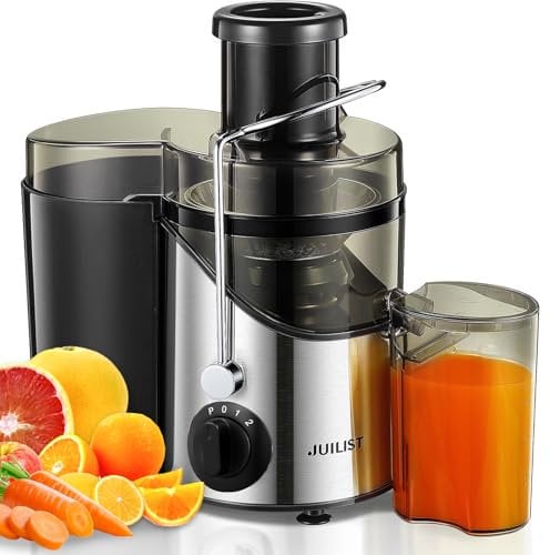 Juilist Presse-agrumes centrifuges pour fruits et légumes entiers 400 W, grande goulotte d'alimentation de 7,6 cm, 3 contrôles de vitesse, brosse de nettoyage et recette incluses, argent
