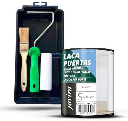 JOVIRA PINTURAS Esmalte Laca Puertas al Agua 750ML Satinado y Kit con Minicubeta, Rodillo de Espuma, Varilla y Paletina. (750 Mililitros, Blanco + Kit Laca Puertas)