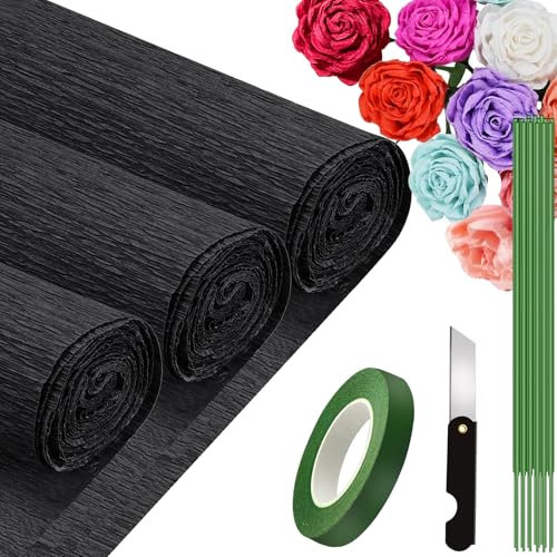3 Rolls Krepppapier Schwarz 25x250cm, Krepppapier Rollen, Nicht Abfärbende Farben, Krepppapier Bunt für DIY Blumen Kunsthandwerk, Geburtstagsfeier, Hochzeit, Festival Ornament (Schwarz)
