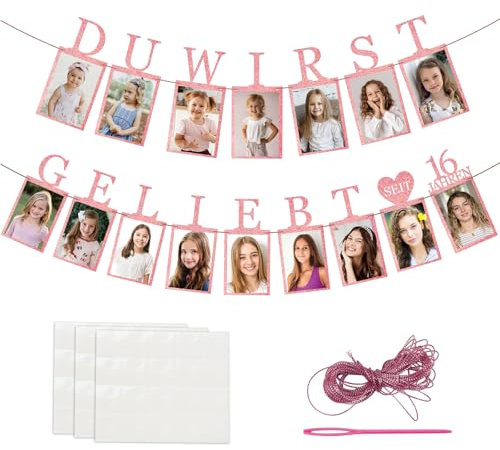 MEJOSER Deko 16 Geburtstag Mädchen Girlande von 1 bis 16 Jahre Fotos Rosagold Fotogirlande Geburtstagsdeko 16 Jahre Mädchen Banner 16. Geburtstag Sweet 16 Du wirst geliebt Wand Deko Geschenke