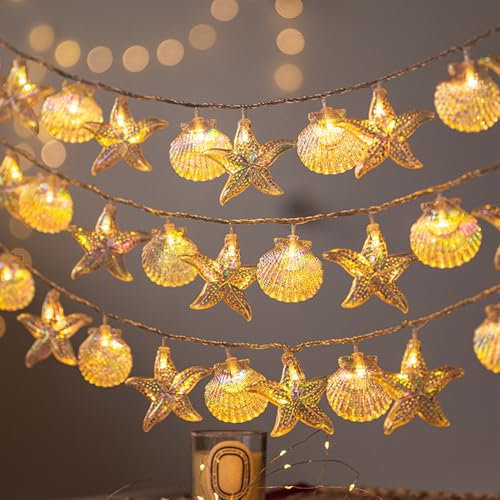 Muschel Lichterkette Meerestiere Deko,3M 20LED Lichterkette Kinderzimmer Girlande Korallen Deko,LED Lichterketten Fenster Innen,Maritime Lichterketten Innen Außen für Garten Hochzeits Zimmer (03)