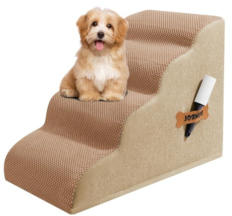 ROMROL Hundetreppe 4 Stufen – rutschfeste Haustiertreppe für kleine Hunde & Katzen – Waschbarer Bezug, Hochdichter Memory-Schaum – Weiche Einstiegshilfe für Sofa & Bett – Gelenkschonend, Braun