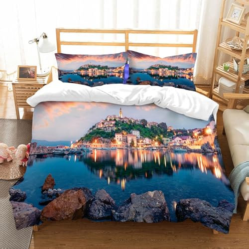 MYAUEYSU Bettwäsche Set 100% Baumwolle ist,Krk Atemberaubende Abend Stadtbild Vrbnik Stadt Dramatische Küstenparks Kroatien,und allem auch für Personen mit Hautsensibilisierung empfohlen 152x203cm