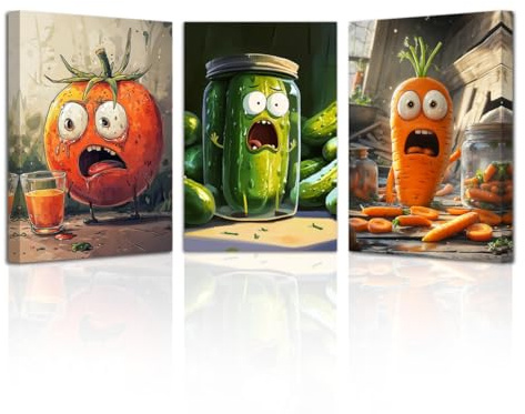 LZIMU Lustiges Küchenbild 3-teilig witzige Gurken Leinwandbilder humorvolles Gemüse Wandbild für Restaurant Esszimmer Dekoration (Orange, 28x35cmx3 Teilig)