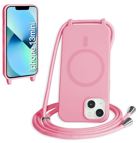 FMPCUON Magnétique Coque avec Cordon pour iPhone 13 Mini, [Compatible avec MagSafe] Etui Collier Réglable Téléphone Étui Portable Lanyard Case Protection Complète Cover,Pink