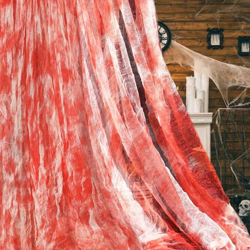Halloween Deko Stoff, 5 x 2.15M Gruseliges Tuch Dekorationen, Blut Cover Gaze, Halloween Party Dekoration Fälschung Blut Stoff, Gothic Blutig Tuch, für Innen Außen Gruselhäuser Terrasse Garten Fenster