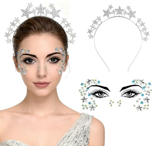 Dtaozfa Serre-tête en forme d'étoiles, argenté, autocollant pour le visage, convient pour les bals de fin d'année, le carnaval, les fêtes d'anniversaire et autres coiffes, strass scintillants