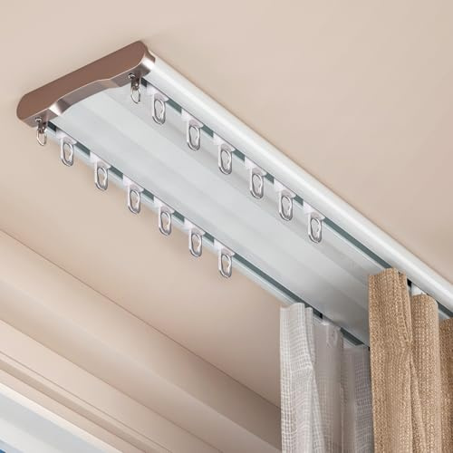 Double Curtain Track Ceiling Mount, Silent Aluminum Track Curtain Rail, Heavy-Duty Double Row Ceiling Curtain Tracks Rod Sliding Rails for Curtains, Room Divider for Living Room Bedroom (18FT)