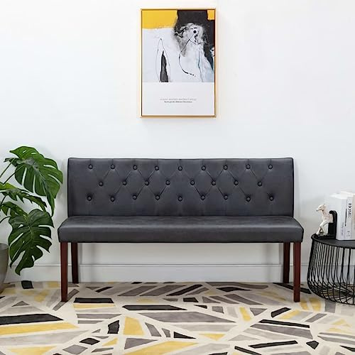 Fangmaliuyun 148,5 cm Flur Sitzbank in Grau Wildlederoptik mit Knopfmuster Lehne Retro Gepolsterte Küchenbank Modernes Design Robust für Flur Wohnzimmer und Schlafzimmer