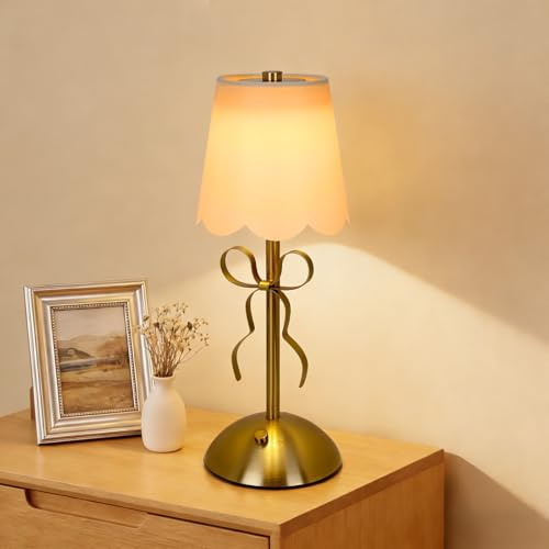 Rechargeable Table Lamp,Cordless Bow Table Lamp with Touch Control,3 Color Dimmable Small LED Desk Lamp Bedside Lamp with Fabric Shade,Wireless Battery Operated Lamp for Home Bedroom Living Room Decor