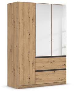 Rauch Möbel Costa, Kleiderschrank, Farbe Eiche Artisan, Breite 136 cm | Schrank, 3-türig, Spiegel, 2 Schubladen, Push-to-open, Zubehör Premium, für Schlafzimmer, Kinderzimmer, Babyzimmer, Garderobe