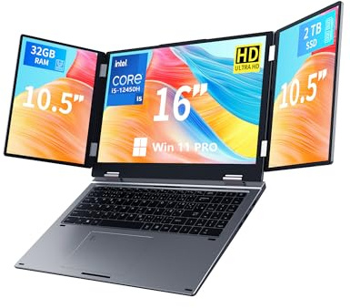 KOOFORWAY Laptop mit 3 Bildschirmen,16 Hauptdisplay+2x10,5,Core i5-12450H | 32GB RAM 2TB SSD Win 11 Pro,Wi-Fi 5,BT 5.0, Gesicht/Fingerabdruck,Deutsches QWERTZ-Layout,USB-C