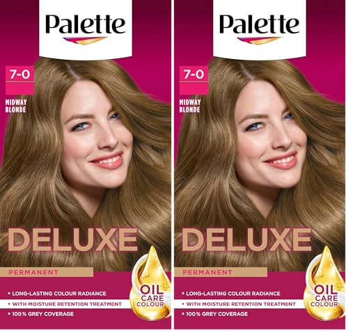 Palette Deluxe Creme Colouration 7-0 Midway Blonde Hair Dye, Permanent Hair Dye, Long-Lasting Hair Colouring with Moisture Retention Treatment and 100% Grey Coverage (Pack of 2)