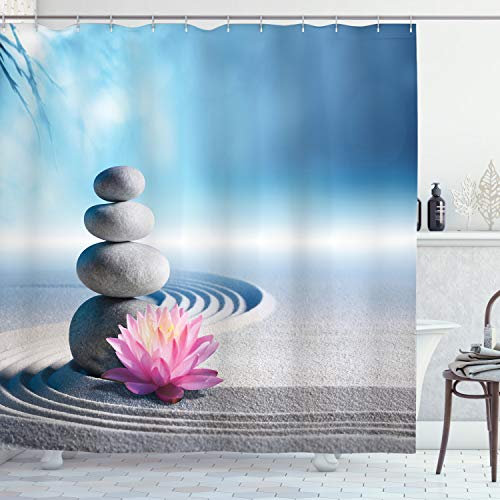 ABAKUHAUS Lotus Blume Duschvorhang, Meditation Harmony, Stoffliches Gewebe Badezimmerdekorationsset mit Haken, 175 x 200 cm, Blau Grau Rosa