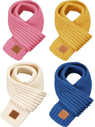 SATINIOR 4 Pieces Kids Knitted Scarf Winter Solid Color Toddler Warmer Scarf for Boy Girl (Pink, Yellow, Beige, Royal Blue)