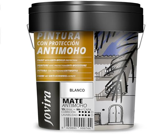 JOVIRA PINTURAS Pintura Antimoho, Evita el moho, resistente a la aparición de moho en paredes, aspecto mate. (15 Litros, Blanco)