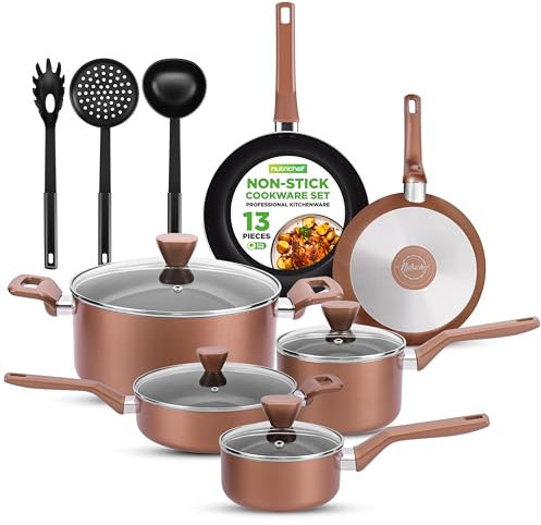 Nutrichef Ensemble de Batterie de Cuisine Antiadhésive, Ensemble d’ Ustensils de Cuisine, Avec Casserole a Sauce, Poêles, Marmites, Casserole, Couvercles, Louche, Fourchette, Passoire