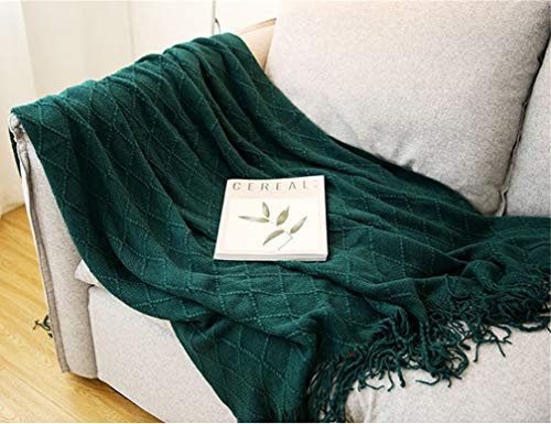 OliveSleep Gestrickte Überwurfdecke mit Fransen, leicht, weich, warm (Grün-Schwarz, 130 x 203 cm)
