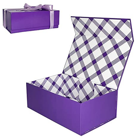 Tekhoho Lila Geschenkkarton 27x17.5x10 cm, Premium Geschenkkarton mit Magnetverschluss und Geschenkband für Feiertage Hochzeit Geburtstag Geschenkverpackung, Kariertes Innenfutter