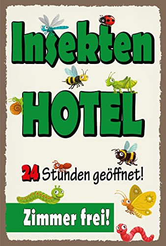 Blechschild 30x40 cm Insektenhotel rund um die Uhr geöffnet Zimmer frei Garten Freizeit