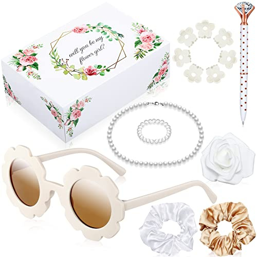 16 Pcs Flower Girl Proposal Box Kit Gifts Round Glasses Necklace Pearl Bracelet Diamond Pen Hair Scrunchies Rose Will You Be My Flower Girl for Wedding(Milky White)
