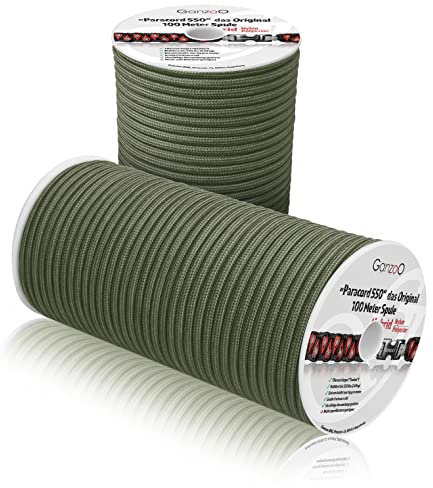 Ganzoo Paracord 550 Seil olivgrün, 4mm, Typ 3, Nylon Polyester, Hybrid, Armband, Hunde-Leine, Hunde-Halsband knüpfen, ca. 250kg Bruchlast, Outdoor Rope, Camping Schnur, Allzweckseil, 100 Meter