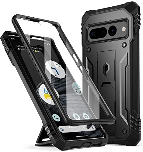 Poetic Revolution Hülle Kompatibel mit Pixel 7 Pro 5G, Ganzkörper Rugged Stoßfest Schutzhülle Cover Case mit Kickstand, Eingebauter Displayschutz, funktioniert mit Fingerabdruck-ID, Schwarz