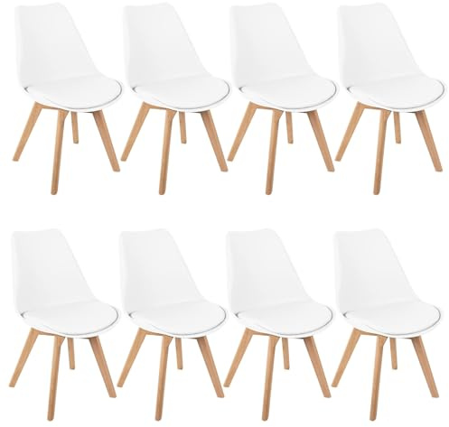 HJhomeheart Esszimmerstühle 8er Set, Skandinavische Küchenstühle Design, Sitzfläche aus Kunstleder, mit Massivholz Beinen, Gepolsterte armlose Stühle (Weiß)