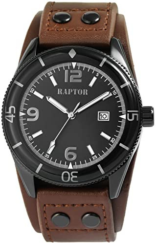 Raptor Gabin Herren-Uhr Datum Unterlegarmband Leder Analog Quarz RA20367 (braun)
