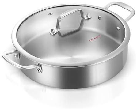 DELARLO Tri-Ply Stainless Steel Sauté Pan, 6 Qt Deep Frying Pan, Induction Compatible, Lid Included, Dishwasher & Oven Safe, Silver