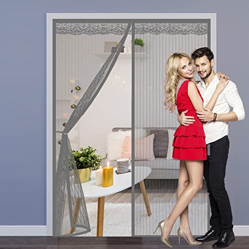 Moustiquaire Porte Fenetre 125 x 215 cm Anti Insecte,Pliable,Fermeture Automatique Moustiquaire Store Enroulable Kit d'installation Complet Pour Porte Fenetre, Gris A