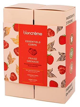 Blancrème - Coffret Cadeau Soins du Corps 100% naturel Fraise Grenade : Gel douche, Gommage & Crème corps fondante