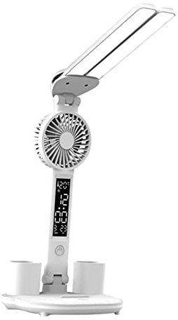 perfk LED Schreibtischlampe Tischlampe mit Ventilator Multifunktional 3 Beleuchtungsmodi Bürolampe Augenschutz Leselampe für Arbeitszimmer Wohnzimmer, Einstecken