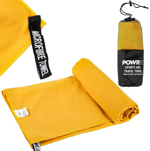 POWRX Micro Fiber Handtuch Set - Kompakt & Leicht - Saugstark & Schnelltrocknend - Einfaches Aufhängen & Verpacken - Materialqualität & Pflegeleicht - microfaser handtücher w Tasche - Gelb