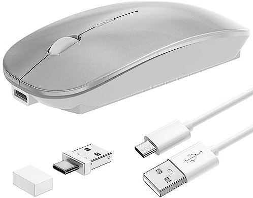 Raton Inalambrico, Ratón Bluetooth Mouse Inalámbrico con Receptor USB de 2,4 GHz y Tipo C, Ratón Óptico de 3 dpi (800/1200/1600) para Computadora, Mac, Portátil iPad/PC/Mac/Windows - Plateado