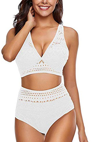 Häkeln Sie Zwei V-Set Neck Pieces High Lace Badeanzug Taille Damen Bikini Swimwears Tankinis Set Badeanzug-Oberteile Bikini-Sets mit voller Abdeckung Badeanzug häkeln